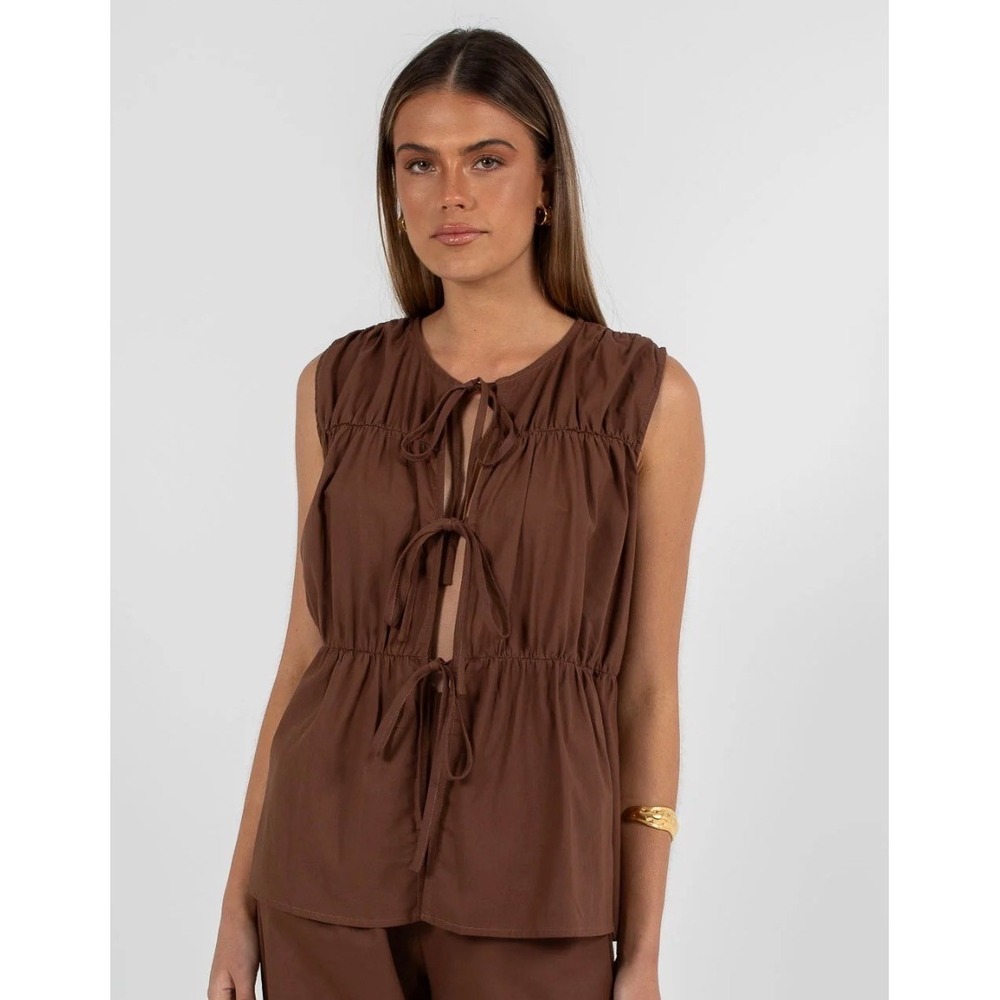 Sabo Dora Brown Satin Tiered Tie Front Peplum Blouse Top Size XL USA 10